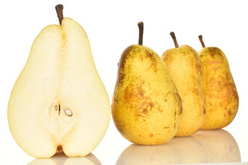Juicy sweet, organic pears, close-up, on a white background.