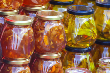 Fototapeta na wymiar Yellow leaf jam in glass jars