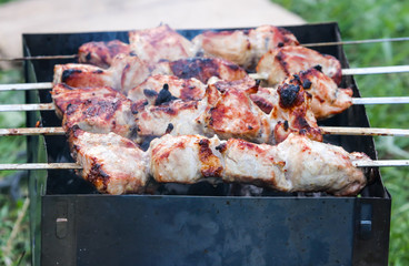 The meat on skewers is fried on the grill.