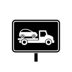 Tow truck road sign. Towing truck van with car icon isolated on white background