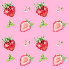 Watercolor strawberry  pink pattern background
