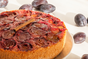 Homemade plum pie. Delicious family dessert. Home cooking