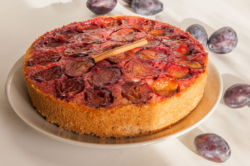 Homemade plum pie. Delicious family dessert. Home cooking