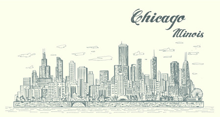Chicago Illinois city skyline.  Sketch style isolated 
vector illustration.
