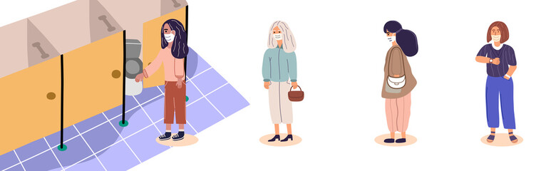 People keep distance from each other and wearing face mask while waiting to go to the toilet. Physical distancing. New normal after covid-19. Vector illustration in flat cartoon style. 