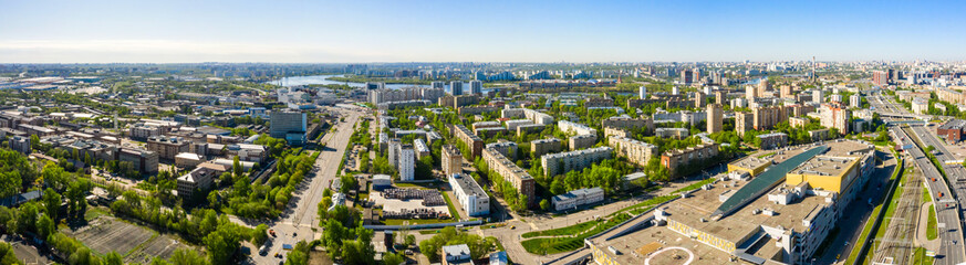 Aerial top view of road junction in Moscow from above, automobile traffic in the Moscow industrial zone near the automobile ring highway