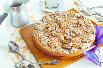 Homemade plum pie. Delicious family dessert. Home cooking