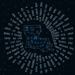 Louisiana digital map. Binary rays radiating around glowing US state. Internet connections and data exchange design. Vector illustration.