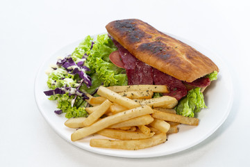 Food photography with white background, Top angle, closeup. variety of food, Asian, western. Burger, salmon, fried rice, bacon, lamb, beef