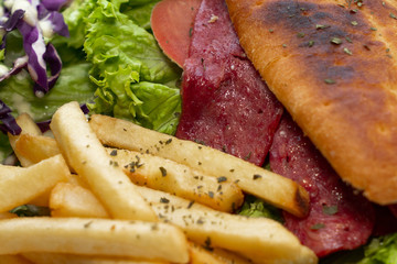 Food photography with white background, Top angle, closeup. variety of food, Asian, western. Burger, salmon, fried rice, bacon, lamb, beef