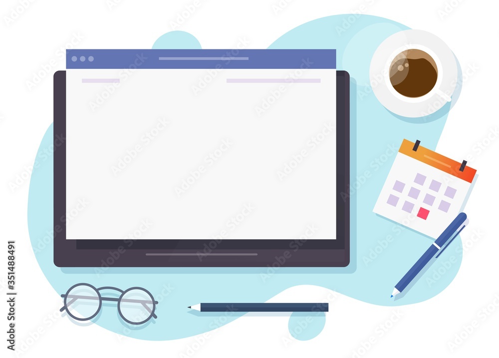 Aufkleber Web browser window blank empty screen on digital tablet computer for copy space text on working desk table or empty website page display above business workplace vector flat, work place office modern