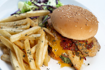 Food photography with white background, Top angle, closeup. variety of food, Asian, western. Burger, salmon, fried rice, bacon, lamb, beef