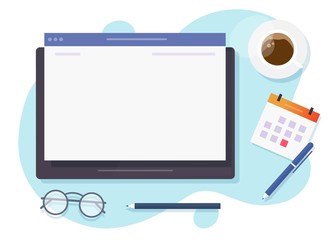 Web browser window blank empty screen on digital tablet computer for copy space text on working desk table or empty website page display above business workplace vector flat, work place office modern