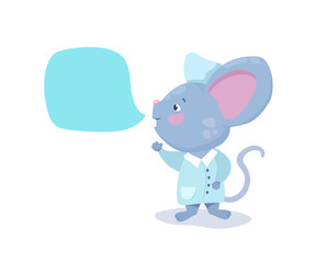 Cute doctor mouse with text bubble vector character on white background. Grey mouse in lab coat.
