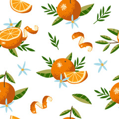 Seamless pattern with Oranges, Flowers and Leaves. Repeated background. Vector print for fabric or wallpaper.