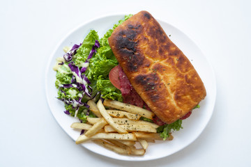Food photography with white background, Top angle, closeup. variety of food, Asian, western. Burger, salmon, fried rice, bacon, lamb, beef