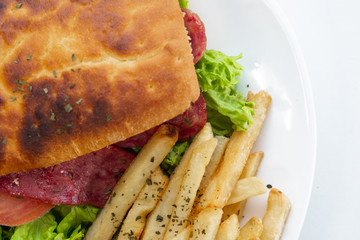 Food photography with white background, Top angle, closeup. variety of food, Asian, western. Burger, salmon, fried rice, bacon, lamb, beef