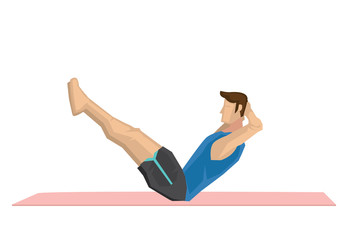 Illustration of a strong man practicing yoga with a boat pose.