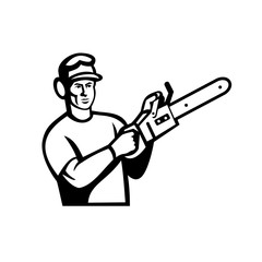 Arborist or Tree Surgeon With Chainsaw Black and White Retro
