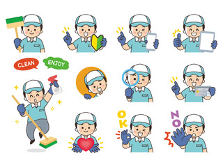 清掃員の男性　バリエーション　初心者マーク　スマートフォン　タブレット　虫眼鏡　クレジットカード　ハート　OK　NO