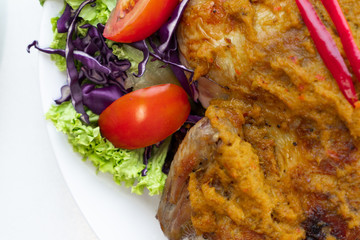 Food photography with white background, Top angle, closeup. variety of food, Asian, western. Burger, salmon, fried rice, bacon, lamb, beef