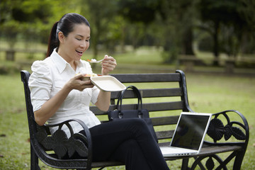 Mid adult businesswoman having a meal in the park