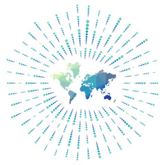Shape of The World, polygonal sunburst. Map of the world with colorful star rays. The World illustration in digital, technology, internet, network style. Vector illustration.