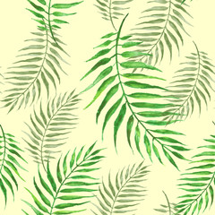Naklejka na ściany i meble Seamless watercolor background from green tropical leaves, palm leaf, floral pattern. Bright Rapport for Paper, Textile, Wallpaper, design. Tropical leaves watercolor. Exotic tropical palm tree 