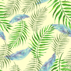 Seamless watercolor background from green tropical leaves, palm leaf, floral pattern. Bright Rapport for Paper, Textile, Wallpaper, design. Tropical leaves watercolor. Exotic tropical palm tree 