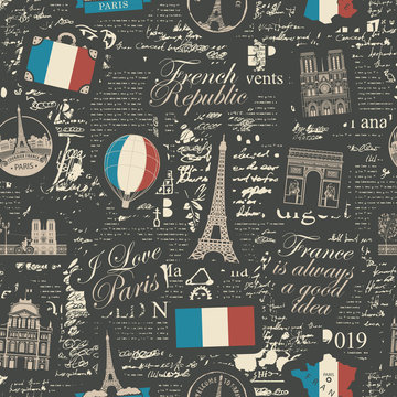 Vector abstract seamless pattern on the theme of France and Paris with French symbols, architectural landmarks and map in colors of French flag on the background of black magazine page in retro style