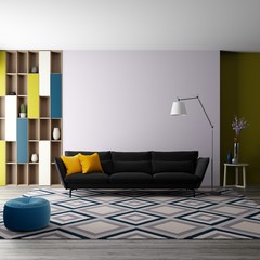 Black sofa in the interior. 3d render