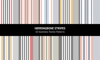 Stripe pattern set. Abstract seamless vertical stripes in black, blue, red, yellow, pink, white. Herringbone texture for fabric print design.