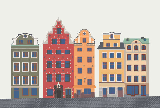 Vector illustration with colorful houses of old town Gamla Stan in Stockholm. Hand drawn image of popular swedish landmark in flat style.