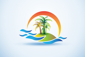 Logo sun palm trees waves tropical id card vector
