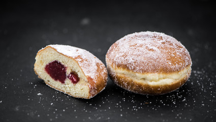 Fresh Berliner Doughnuts as detailed close-up shot (selective focus)