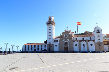 Church Basilica of Candelaria and Spain flag on Canary Island Tenerife