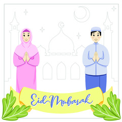 Happy eid mubarak with people character concept. Islamic design for Landing page templates, kids Book Illustration, Banners, Card Invitation, Poster and Social media