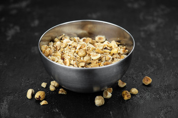 Chopped Hazelnuts (close up; selective focus)