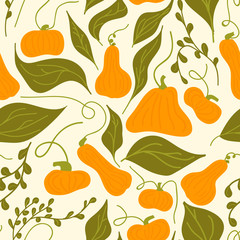 Autumn orange, gray pumpkins, leaves, light background. Vector seamless pattern. Halloween illustration. October harvest. Organic vegetable garden food. Nature design. Thanksgiving day. Fall season