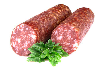Smoked sausage salami isolated on a white background