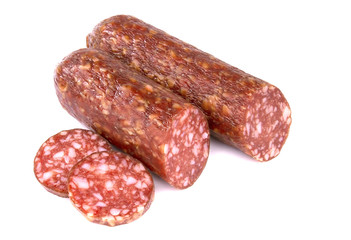 Smoked sausage salami isolated on a white background