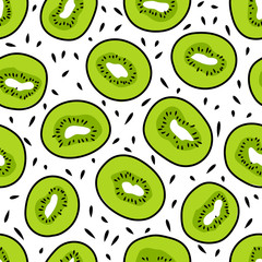 Seamless pattern with kiwi. Hand drawn vector illustration. Trendy texture for print, textile, packaging, banner, wallpaper.