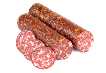 Smoked sausage salami isolated on a white background
