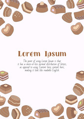 Sweet chocolate - vertical card with text and vector color illustrations of dessert, candy, truffle and snack for graphic design