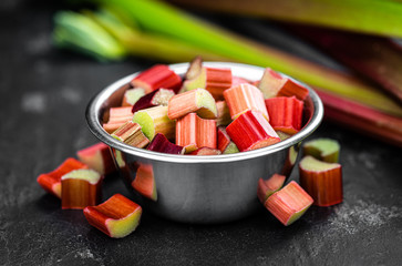 Chopped Rhubarb (close up; selective focus)