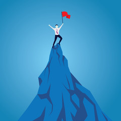 Businessman celebrating achievement, standing on top of mountain with flag in hand.Purpose concept. Aspirational people. Successful mission achievement © inamar