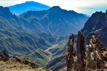 Caldera de Taburiente National Park amazing views from the top of volcano over the valley. Roque de...