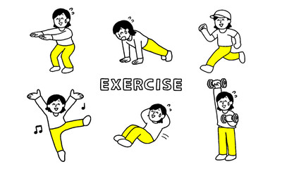 楽しそうに運動、体を鍛える女性セット文字付（シンプル）