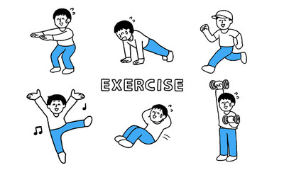 楽しそうに運動、体を鍛える男性セット文字付（シンプル）