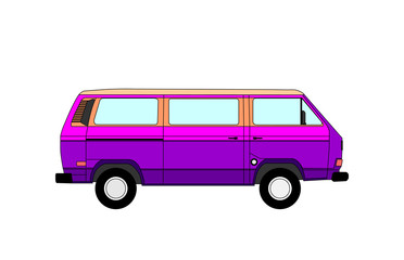 Detailed retro, vintage, travel, camper van, on white background. Roud badge vintage van car. Round sticker van life.